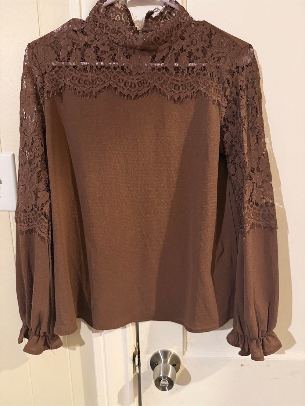 Lace Yoke High-Neck Long Sleeve Top - Brown